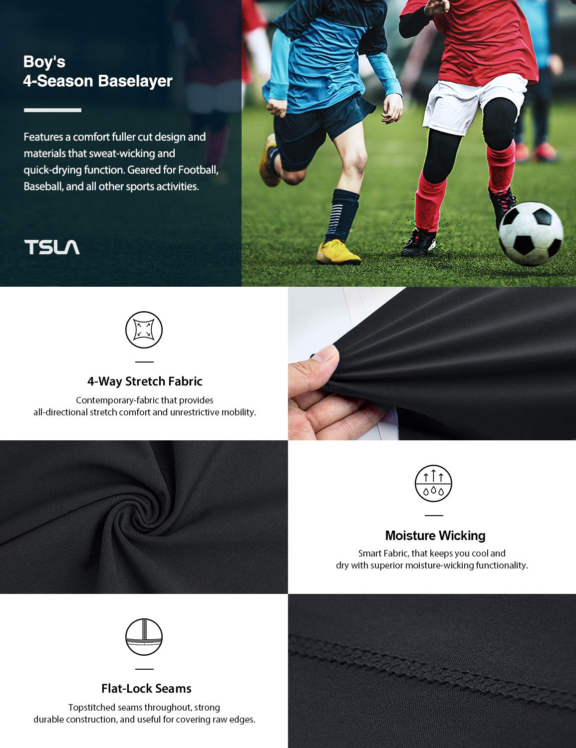 TSLA Boys Youth UPF 50+ Compression Pants Baselayer, Cool Dry Running Tights, 4-Way Stretch Workout Leggings - Image 3