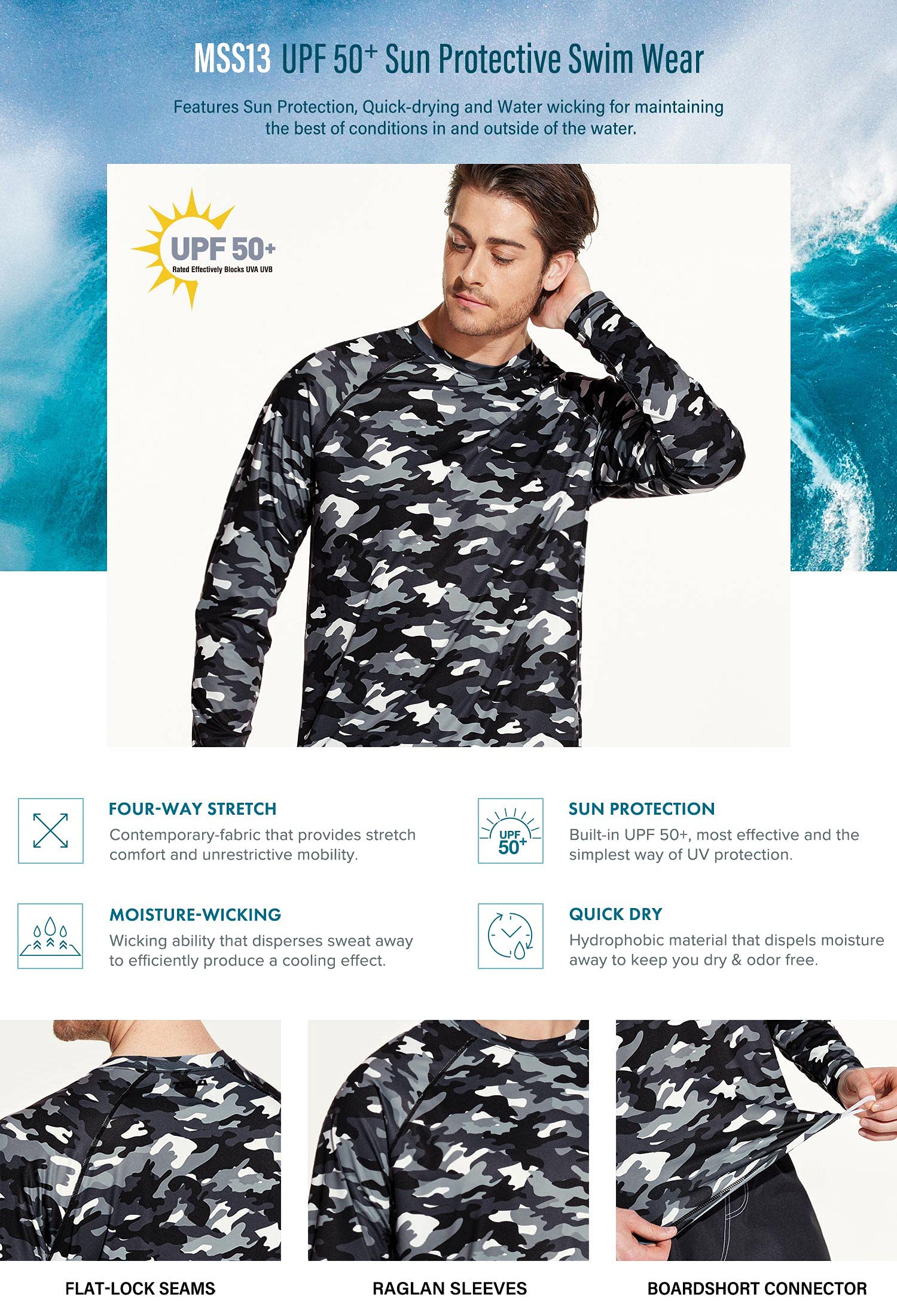 TSLA Men's Rashguard Swim Shirts, UPF 50+ Cool Running Workout Loose-Fit Long Sleeve - Image 5