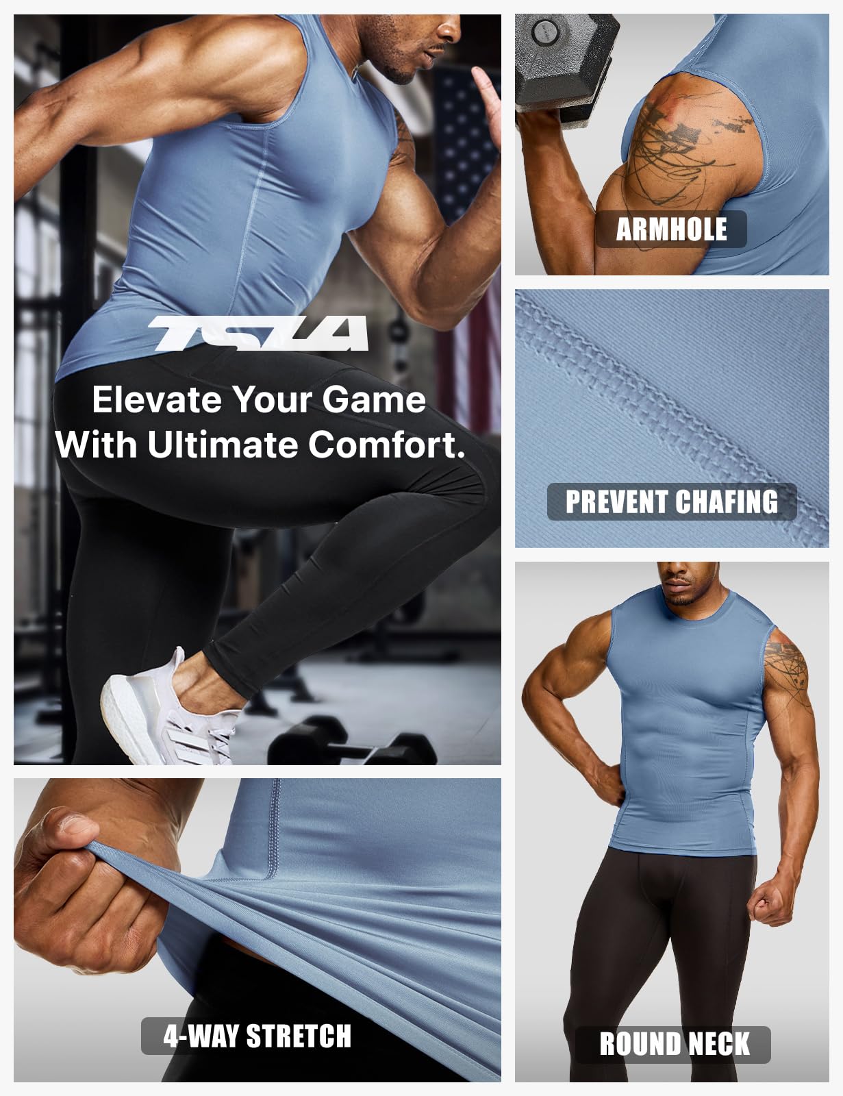 TSLA Men's Sleeveless Workout Shirts, Dry Fit Running Compression Cutoff Shirts, Athletic Training Tank Top - Image 5