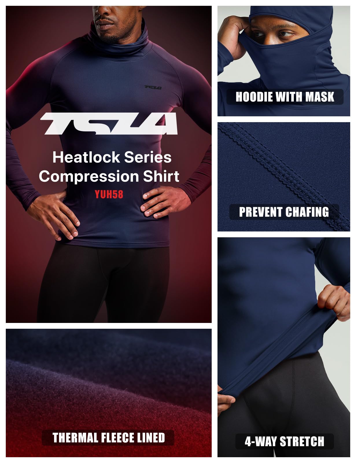 TSLA Men's Thermal Compression Shirts Hoodie with Mask, Long Sleeve Winter Sports Base Layer Top, Active Running Shirt - Image 7