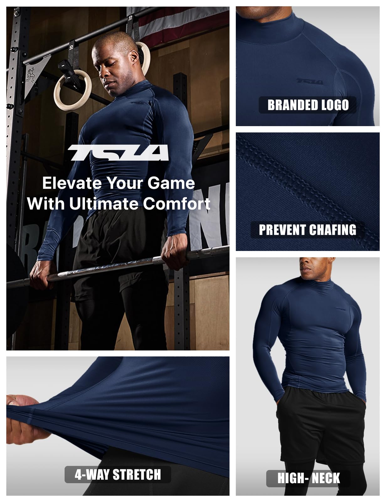 TSLA Men's UPF 50+ Mock Long Sleeve Compression Shirts, Athletic Workout Shirt, Base Layer for Water Sports - Image 6