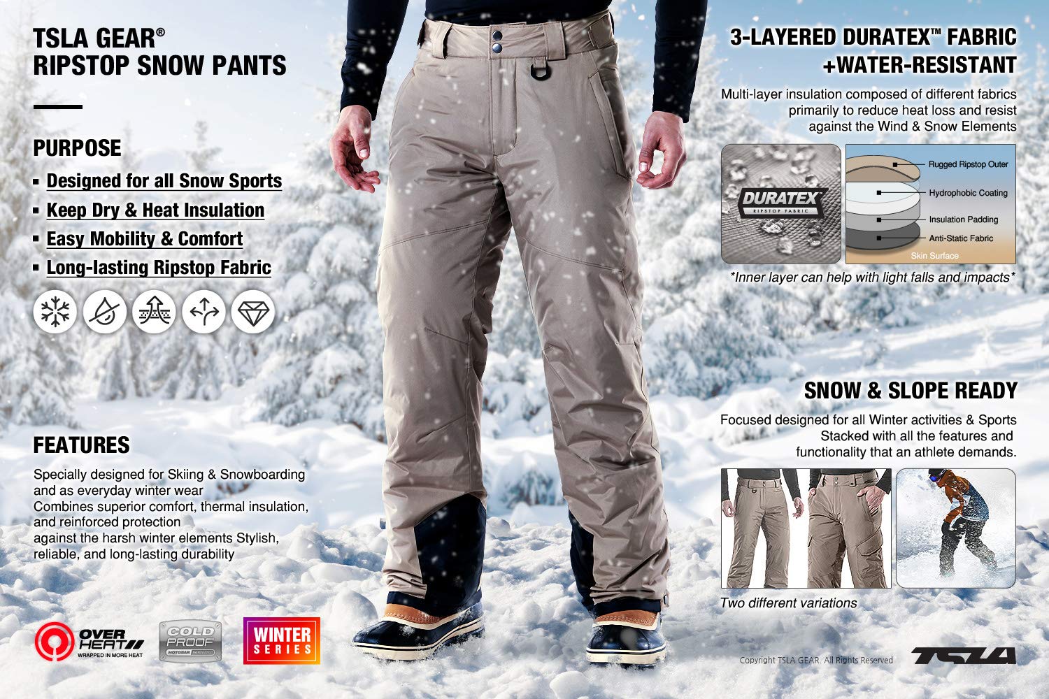 TSLA Men's Winter Snow Pants, Waterproof Insulated Ski Pants, Ripstop Windproof Snowboard Bottoms - Image 7