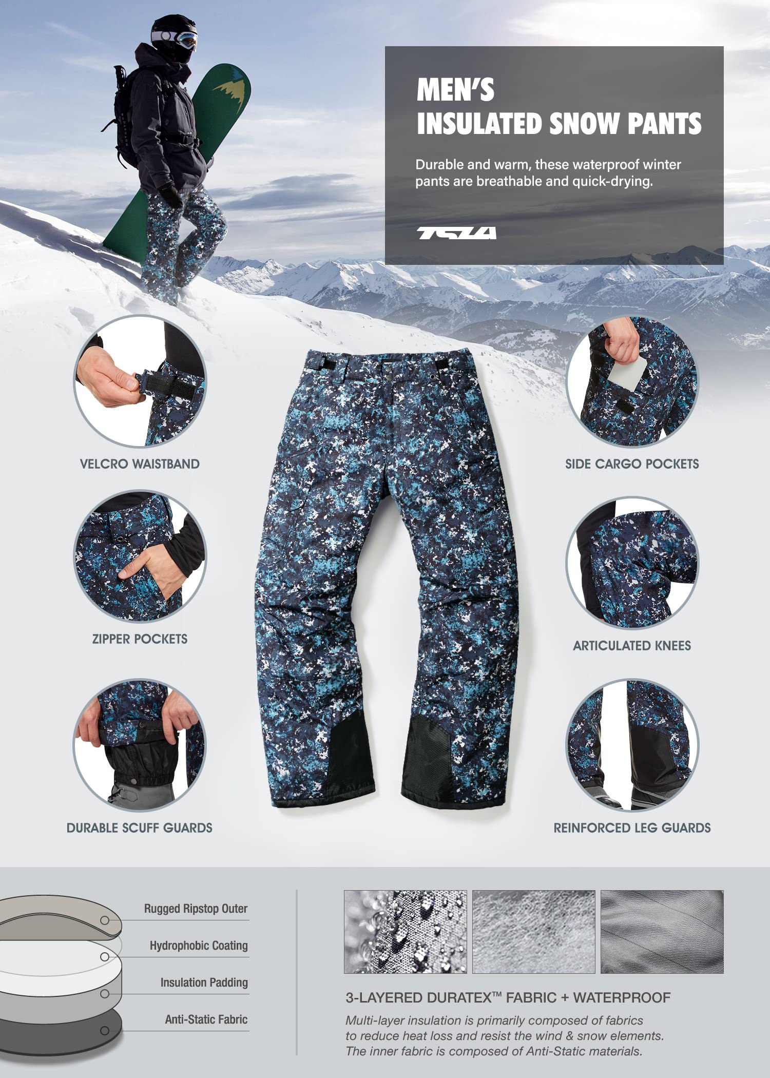 TSLA Men's Winter Snow Pants, Waterproof Insulated Ski Pants, Ripstop Windproof Snowboard Bottoms - Image 5