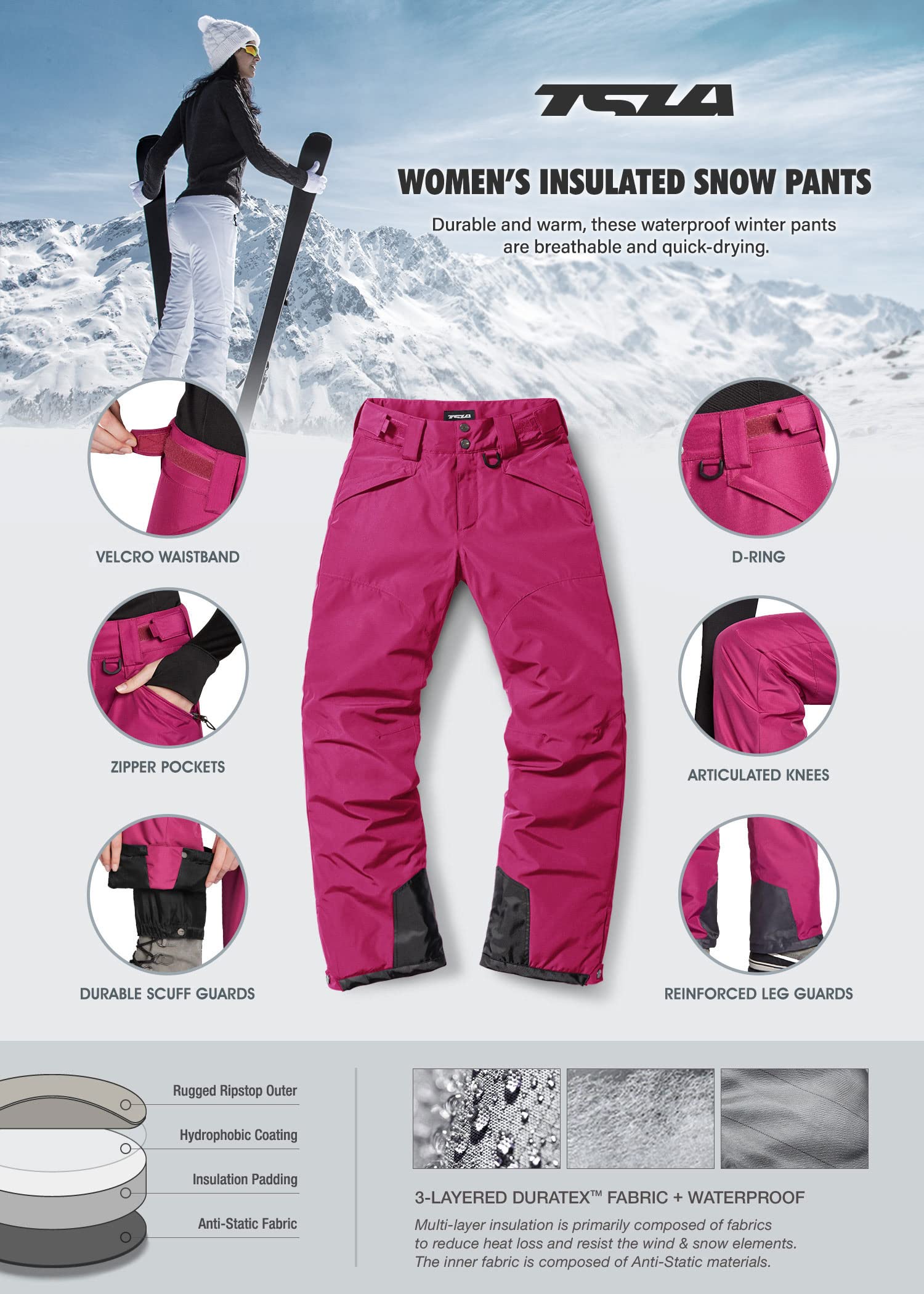 TSLA Women's Winter Snow Pants, Waterproof Insulated Ski Pants, Ripstop Snowboard Bottoms - Image 5