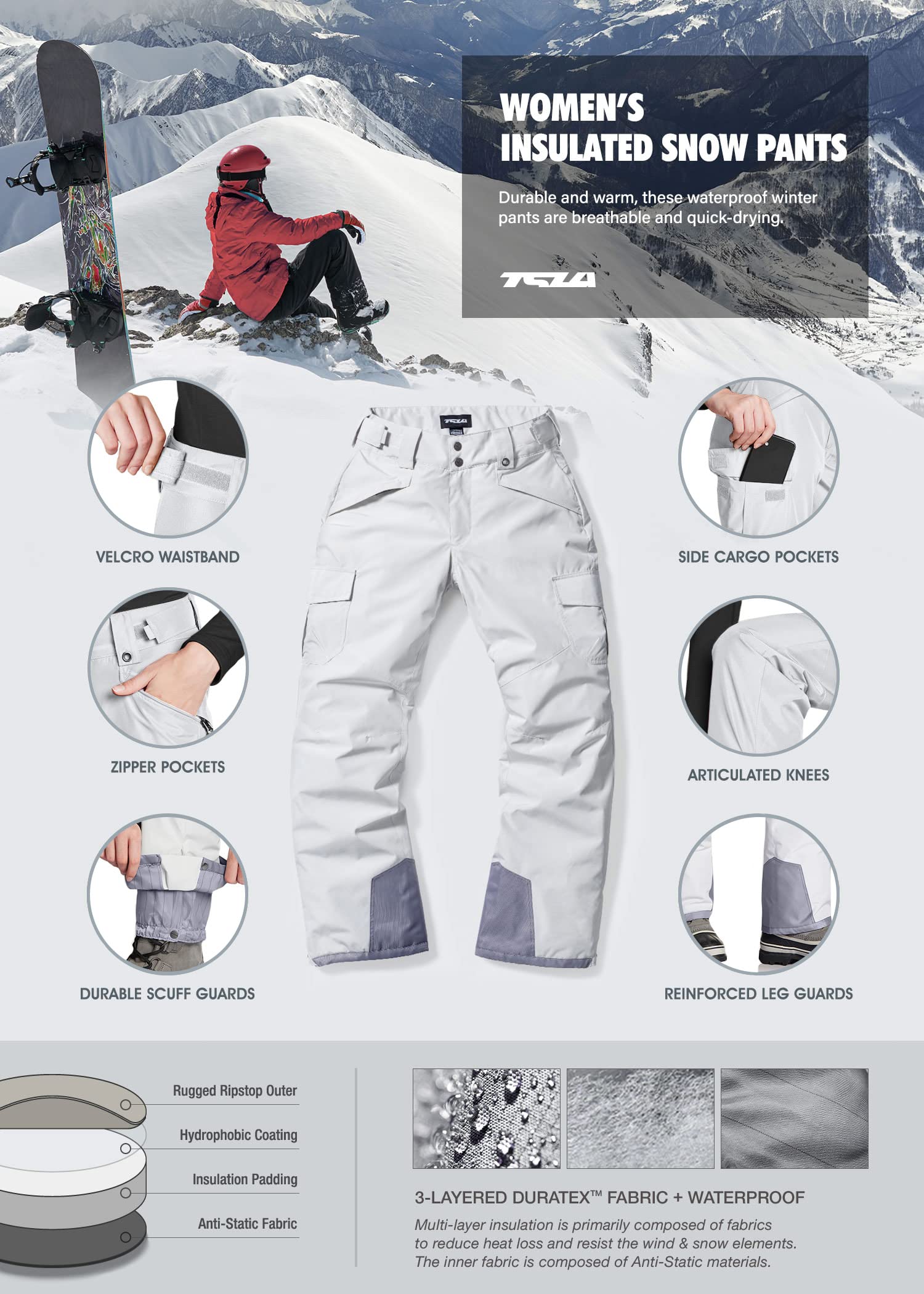 TSLA Women's Winter Snow Pants, Waterproof Insulated Ski Pants, Ripstop Snowboard Bottoms - Image 5