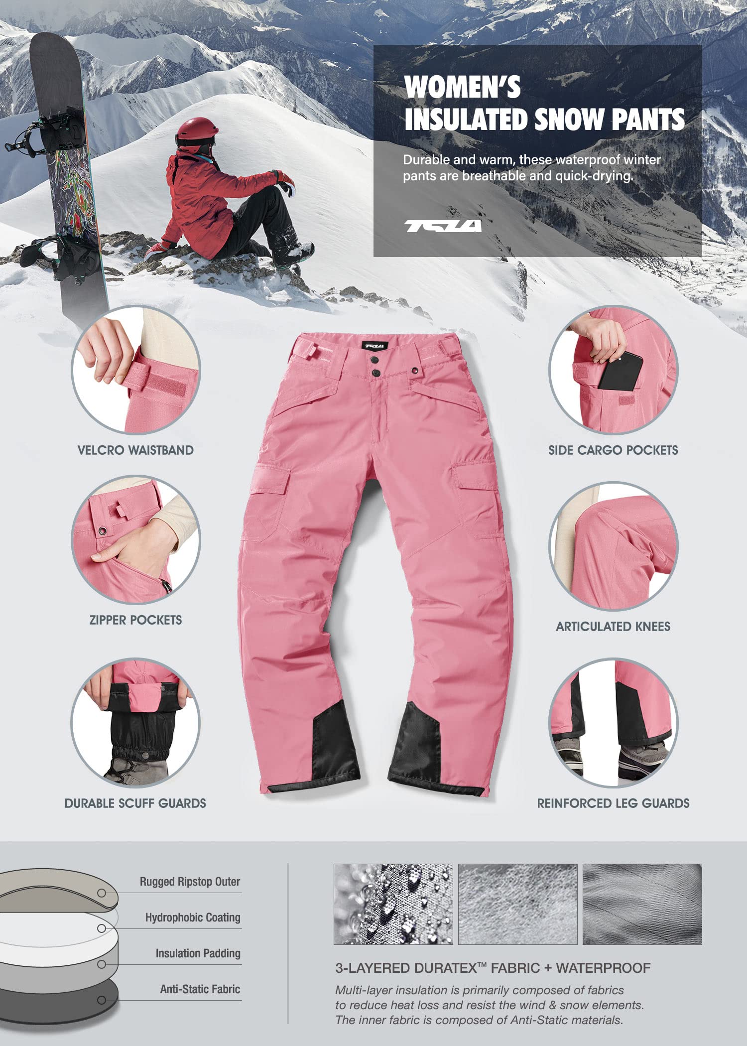 TSLA Women's Winter Snow Pants, Waterproof Insulated Ski Pants, Ripstop Snowboard Bottoms - Image 5